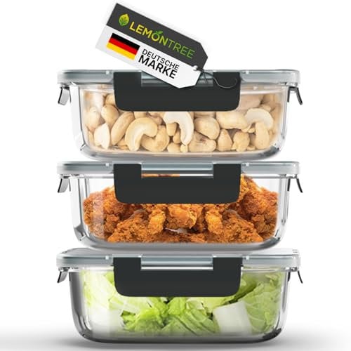 Lemontree Vorratsdosen mit Deckel Luftdicht - Meal Prep Boxen Glas - Mikrowellengeeignet, Spülmaschinenfest - Auslaufsicher, stapelbar - Aufbewahrungsbox Küche (Meal Prep Boxen 3er Set)