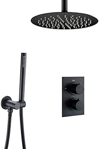 KFTLDYZL Duschset Duschsystem, an der Decke montiertes schwarzes Thermostatventil Badezimmer-Duscharmatur-Set mit rundem 8-12-Zoll-Regenbrausenkopf und Handbrause, Duschset, 12 Zoll