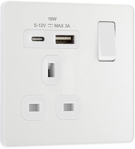 BG Electrical Single Switched Power Plug Wall Socket with Type A USB and Type C USB Charging Ports, Fast Charge, Screwless Front Plate, Evolve, Pearlescent White, 13A, 18W, PCDCL21UAC18W