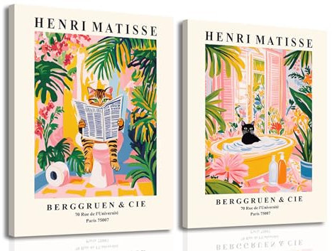 Funny Bathroom Wall Art Set of 2, Matisse Black Cat Wall Decor, Cute Tabby Cat on Toilet Poster Canvas Prints Animal in Bathtub Pictures Framed 12x16 inch