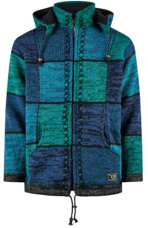 THC Natural Line Herren & Damen Schafwolljacke – Handgestrickte Wolljacke mit Fleece, Abnehmbare Kapuze, Blaue Quadrate 806