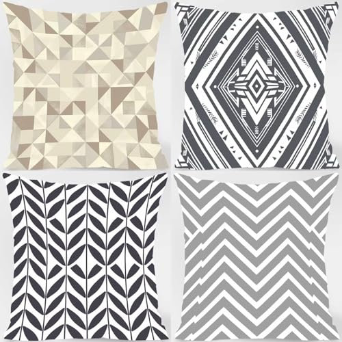 Outdoor Cushions Covers 80cm x 80cm Set of 4 - Stripe Cushion Covers Geometry Waterproof Linen Decorative Sofa Pillows Case, Throw Pillows with Invisible Zipper for Patio Garden Bench Home Decor Q-B