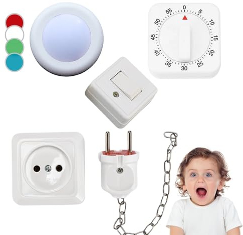 potatomato Lot de 4 Accessoires DIY pour Busy Board – pièces Lumineuses Prise avec fiche, Interrupteur LED, minuteur – Jouets Montessori – Articles pour Le développement sensoriel et précoce
