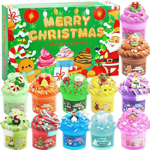 Squishy Advent Calendar 2026, Slime Advent Calendar 24-Day Christmas Countdown, Textured & Fluffy Slime Kit, Sensory Christmas Toys, Party Gifts for Boys & Girls Ages 3-12(green)