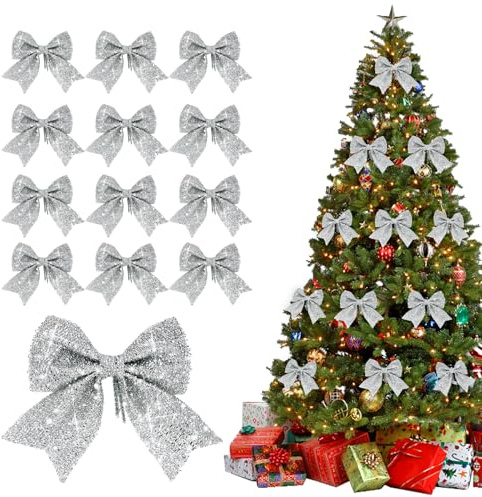 FePen Glitzer Weihnachtsschleifen, 12 Stück Schleifen Weihnachtsbaum, Schleifen Weihnachten, Geschenkschleifen, Weihnachtsbaumschmuck