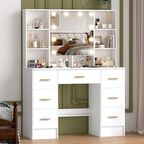 Koestem Dressing Table with Mirror and Adjustable Brightness LED Lights, Large 7 Drawers, 6 Open Storage Shelves and Hidden Shelves, 39.5 W Vanity Set for Bedroom