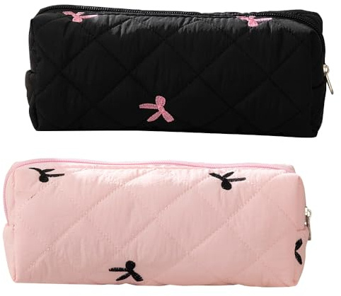 JAHEMU Schleife Federmäppchen, Instagram-Stil Schleifen-Stiftetasche, Fliege Federtasche, Große Kapazität Stiftemäppchen, Ideal für Stifte, Kosmetik, Accessoires (Schwarze, Rosa)