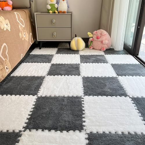10 Stück Puzzlematte Baby, Plüsch-Puzzle-Schaumstoffmatte,Mit Rand, Rutschfester Teppich, Mehrfarbiger Ineinandergreifender Spielmatten für den Raumboden (1 cm,Weiß + Grau)
