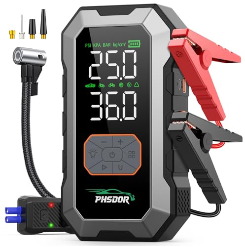 Avviatore Batteria Auto con Compressore 150PSI, 8000A 25000mAh Booster Avviamento Auto (Tutti Gas/10.0L Diesel), Avviatore Emergenza Starter Batteria con Torcia a LED (Argento)