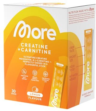 MORE Creatin + Carnitin Sticks, 30 x 5 g, Zitrone | Mit 3,5 g Kreatin Monohydrat und 1 g L-Carnitin-L-Tartrat, praktisch für unterwegs, vegan