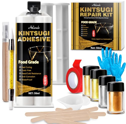 Holamdo Kintsugi Reparatur Set,50ml Lebensmittelechter Keramik Reparaturset | Japanische Kintsugi Kunst Gold & Silber,Keramik Porzellan Harzkleber, Reparatur Zerbrochenes,Glas,Jade,Porzellan,Töpferwaren