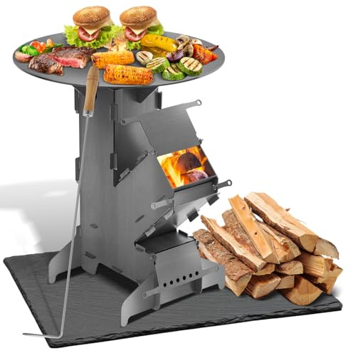 ISOISL Raketenofen mit Grillplatte 50 cm, Rocket Stove aus 3 mm Stahl | Outdoor Holzofen für Camping & BBQ, Grillplatte, Stecksystem, Holzofen für Camping, BBQ, Dutch Oven, Garten