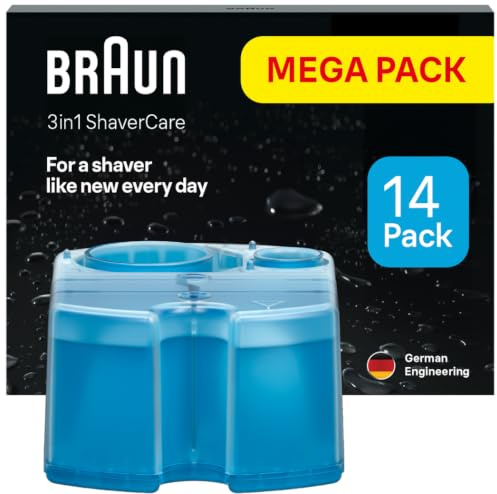 Braun 3-in-1 ShaverCare Reinigungskartuschen, Scherkopfreiniger, 14er Pack | Original Kartuschen für Reinigungsstationen, Reinigt Rasierer 10x Besser Als Wasser, Entfernt Haare Und Hautpartikel