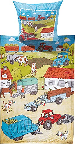 Erwin Müller Kinder-Bettwäsche, Bettgarnitur Bauernhof, Tiere Flanell - temperaturausgleichend, wohlig warm, weich mit praktischem Reißverschluss - Bauernhof 2 Größe 135x200 cm (80x80 cm)