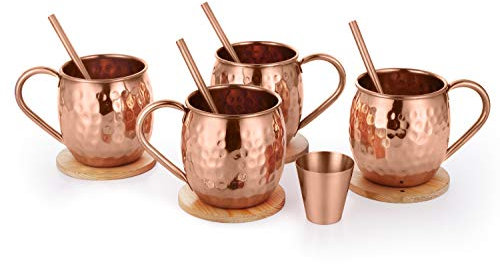 avador Set von 4 Handarbeit 100% reines Kupfer Moscow Mule Becher gehämmert 16 Oz Geschenk Set Box mit Schnapsglas, 4 Kupfer Trinkhalme und 4 Untersetzern aus Holz