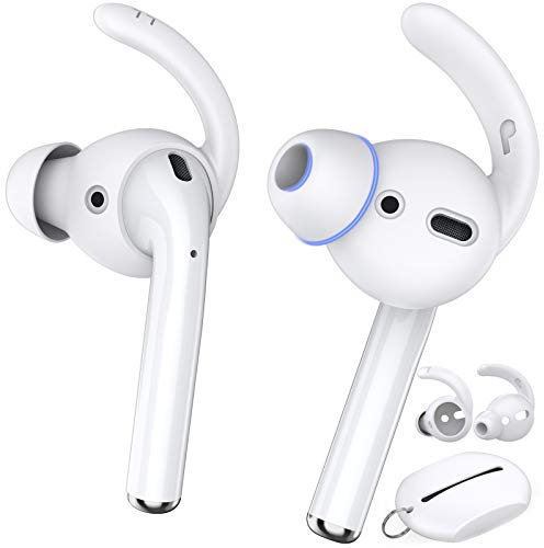AhaStyle Airpods Silikon Ohrpolster mit Ohrbügel - Airpods Aufsatz 2 Paar Airpods Earplugs Anti-Rutsch mit Silikon Aufbewahrungshaken Tasche für AirPods 2 & 1 und EarPods (2 Large White)