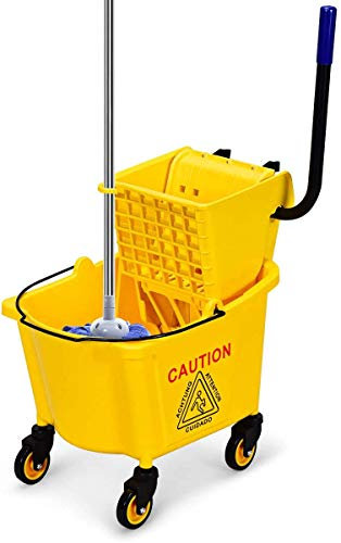 ReunionG Commercial Mop Bucket, Household Bucket with Wringer, Side Press Mop Bucket with Wheel and Handle, Side Press Wringer Trolley with Ergonomic Rocker for Easy Water Drain, Yellow (26 Quart)