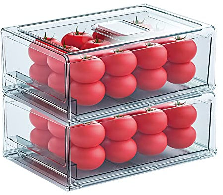 YekouMax Organizador Nevera,Transparente Grande Recipiente de Plástico Organizador Despensa, Caja de Almacenamiento de Cajón Para Verduras, Frutas, Sin BPA (2 Cajones, Grande)