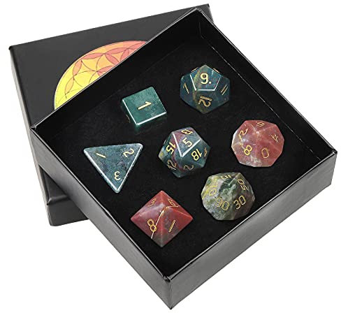 KYEYGWO Indischer Achat Kristall Polyedrische Würfel Set, 7pcs Reiki Heilung Stein Polyedrischer Spielwürfel für Dungeons und Dragons RPG DND Dice Tischkartenspiele Brettspielwürfel