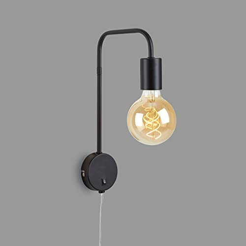 BRILONER Leuchten – Retro Bettleuchte, Wandleuchte, Leselampe mit Stecker, Kippschalter, 1x E27, max. 10 Watt, Metall, Schwarz, 2086-015