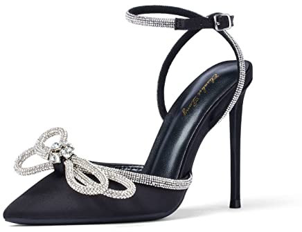 Zhabtuc Femmes Chaussures à Talons Hauts Satin Strass Bow Sandales à Lacets Bout Pointu Cheville Boucle Sangles, satiné Noir, 38.5 EU