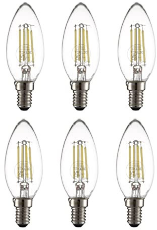 TEKLED® C35 Candle Filament Vintage LED Bulbs | E14 Small Edison Screw | Energy Saving 4W Light Bulb 40W Equivalent | NONDIMMABLE Clear 6500K 470LM | 6-Pack | Daylight