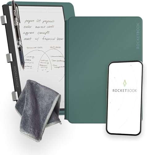 Rocketbook PRO 2.0 Wiederverwendbares Digitales Notizbuch A5 Grün Elektronischer Notizblock mit 20 Blatt Liniert und mit Punktraster, Hardcover Veganes Leder mit inkl. Pilot Frixion Stift