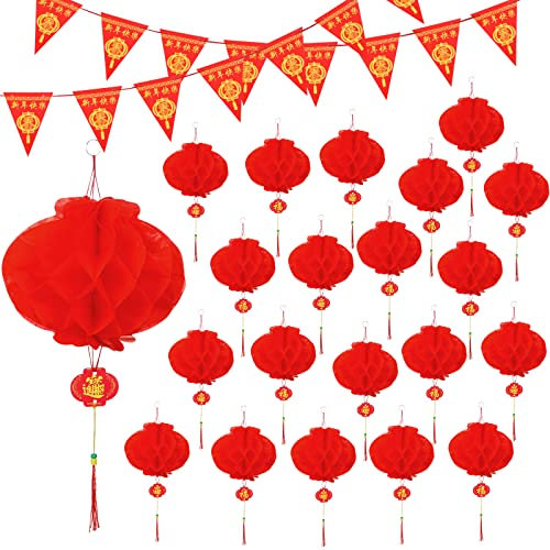 Weewooday Chinesische Neujahrsdeko 20 Piezas Rote Chinesische Laternen mit Neujahr Banner Hängende Papierlaternen Dreiecksflaggen Girlande um Chinesische Frühlingsfest Deko Partyzubehör