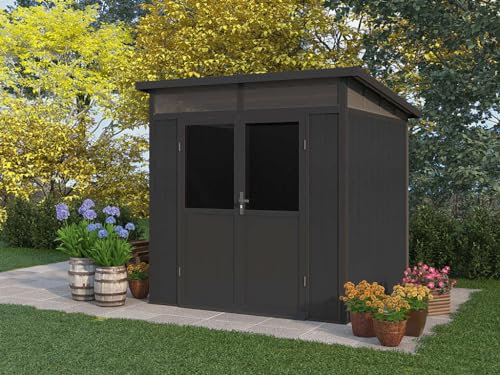 Woodtex WPC Gartenhaus Bao Premium | Gerätehaus | Maße: 237 x 223 x 226,6 cm | Tür mit Acrylglasausschnitten | Sockelmaß: 212,4 x 212,4 cm | WPC/Kunststoff | Dunkelgrau | wetterfest