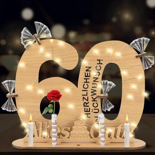 60 Geburtstag Mann und Frau,Geldgeschenke Geburtstag 60 Alles Gute mit LED Lichterkette,Holz Geburtstags-Gästebuch 60.Geburtstag Deko,Coole Geschenkideen zum 60. Geburtstag für männer Tischdeko.