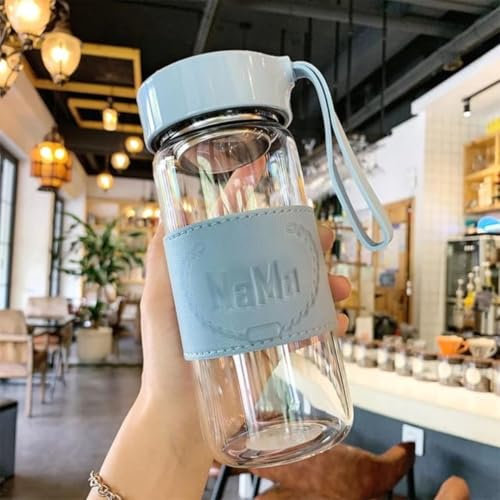 NaMa 480ml Premium High Borosilicate Glass Bottle - Lightweight & Durable with Soft Silicone Strap and Stylish Leather Sleeve (Blue)