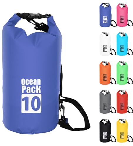 10L Blau Wasserdichte Tasche, Dry Bag 2L/5L/10L/15L/20L/30L mit Verstellbarem Gurt, Schützt Telefon/Karte, Roll Top Wasserdichter Beutel Rucksack für Schwimmen/Rafting/Kajak/Bootfahren/Camping/Strand