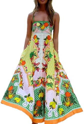 Women Spaghetti Strap Long Dress Ethnic Boho Summer Sleeveless Maxi Dress | Christmas Plaid Long Dress Tie Shoulder Maxi Dress