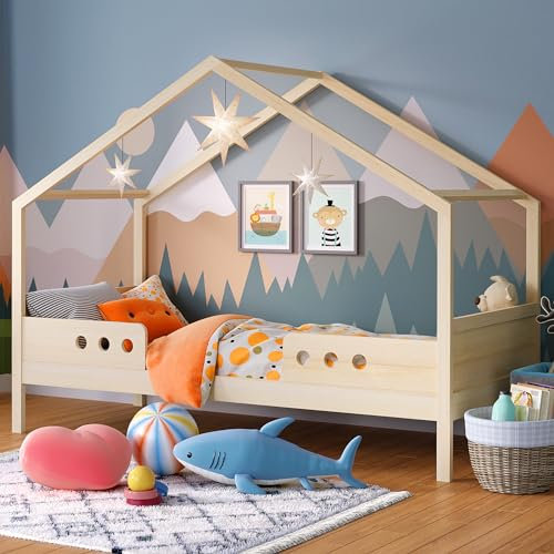 Bellabino Bela Kinderbett 90x200 cm – Hausbett mit Rausfallschutz und Lattenrost – Kinder Bett für Jungen und Mädchen aus Massivholz Kiefer – Montessori Kinderhausbett in Natur