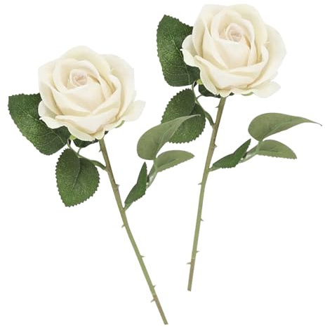 arrderly 2 rose artificiali bianche con stelo, pianta artificiale, rose in seta, stelo singolo, realistiche, bouquet di rose finte per matrimoni, addio al nubilato, decorazioni per casa e giardino