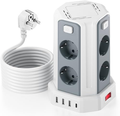 5M Torre Regletas Enchufes, Regleta USB 8 Tomas de AC Corrientes y 4 USB, 2500W/10A, Regreltas Vertical con Interruptor para Mesa, Oficia, Casa…