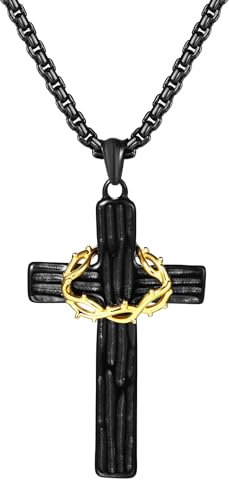 JewelryWe Kreuz Kette Herren mit Dornenkronen: Schwarz Edelstahl Dornenkrone Anhänger Halskette mit Kreuzanhänger Christliche Kreuzkette Religiöse Schmuck Geschenk für Männer