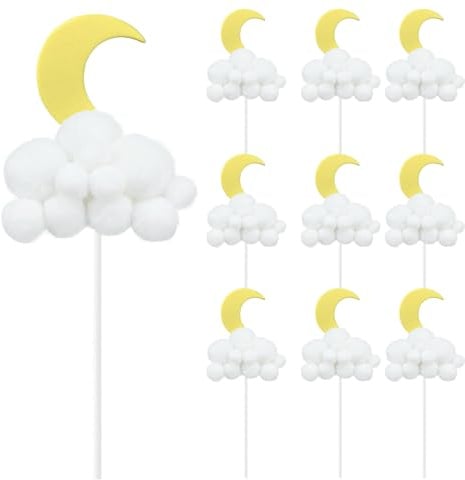 10 Pack Weiße Wolke Tortenaufleger 3D Plüsch Wolke Cupcake Toppers Kuchen Dessert Dekoration Für Geburtstag Hochzeit Party Baby Dusche (Weiße Wolken mit Mond)