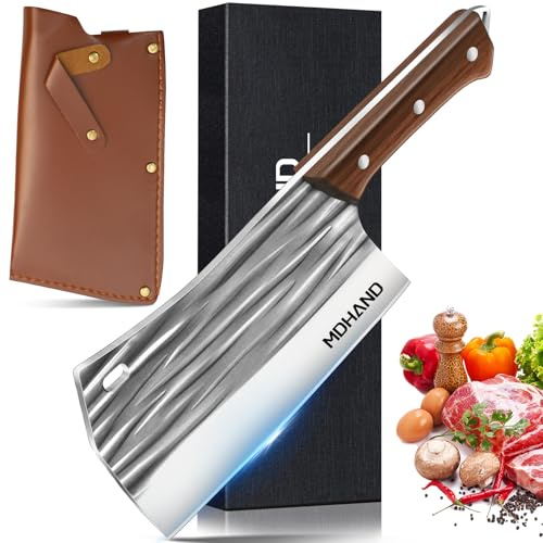 Scharf Hackmesser Profi Kochmesser Fleischerbeil für Küche, Metzgermesser mit Ergonomischer Holzgriff, mit Lederscheide, Geschenkverpackung, zum Schneiden und Zerkleinern