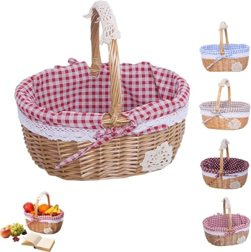 Panier de pique-nique en osier avec poignée - Paniers de rangement en osier tissé pour fêtes en plein air et pique-niques - Petits paniers en osier avec poignée pour cadeaux et décoration d'intérieur