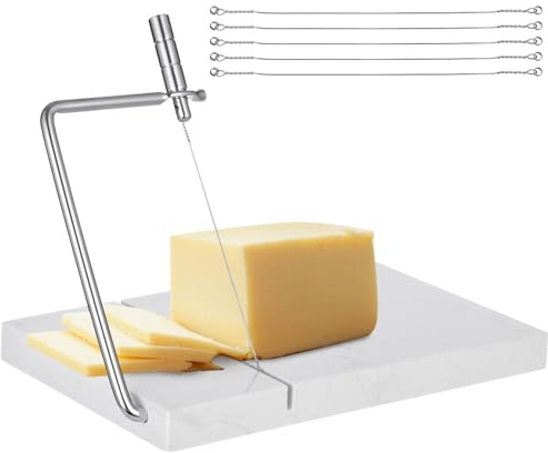 Marble Cheese Slicer, Sturdy Wire Cheese Cutter with 5 Replacement Wires, Kitchen Heavy-Duty Cutting Board with Non-Skid Feet for Butter, Fruits, Soap