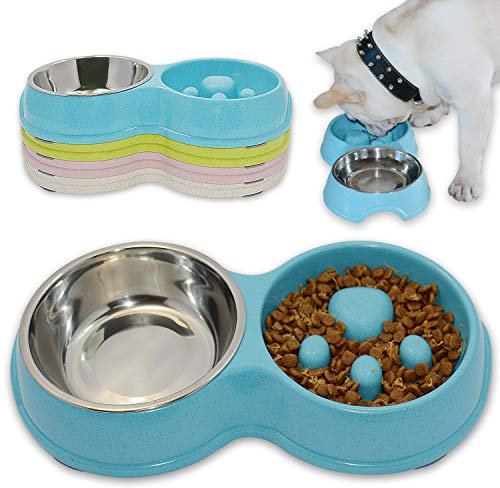 Hifrenchies Dog Slow Eating & Drinking Bowl,Stainless Steel Interactive Slow Feed Dog Bowl for French Bulldog,Slow Down Eating Eco-Friendly pet Bowl for Frenchie (Blue)