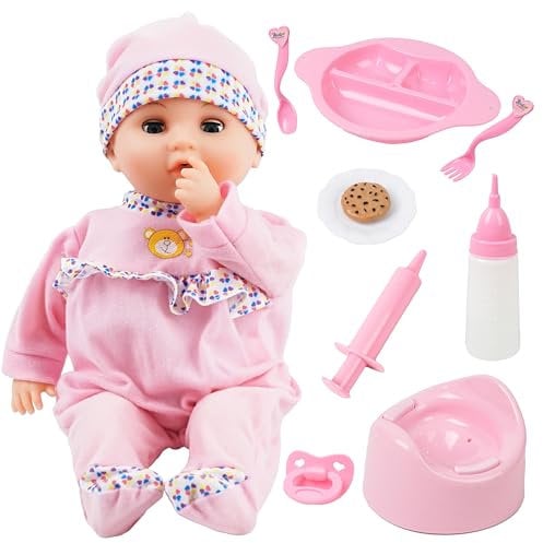 Toy Choi's Baby Puppe – Sprechende 40cm Puppen für Mädchen ab 2 Jahren mit Geräuschen und lustigem Fütterungszubehör, weiches Babypuppen Spielzeug für Kleinkinder und Kinder
