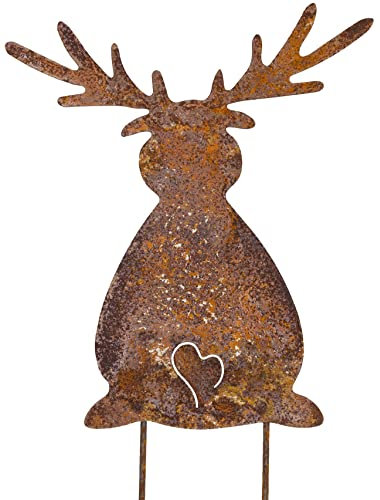 B2S BACK2SEASON Metall Elch Stecker mit Herz Edelrost Gartenstecker Winter Weihnachten Höhe 27 cm + 10 cm Stäbe