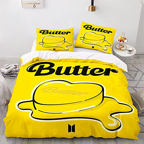 NICHIYOBI Butter BTS Bangtan Boys Bettbezug Bettwäsche Set - Bettbezug und Kissenbezug,Mikrofaser,3D Digital Print dreiteiliger Bettwäsche (12,Single 135x200cm+80 * 80cm)