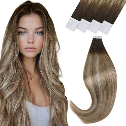 (Guten Valentinstag Geschenk)Tape in Extensions Echthaar Remy Extensions Tape in Echthaar Balayage Tape in Echthaar Extensions Dunkelbraun Balayage Hellbraun Blond #3/8/22 50g/20pcs