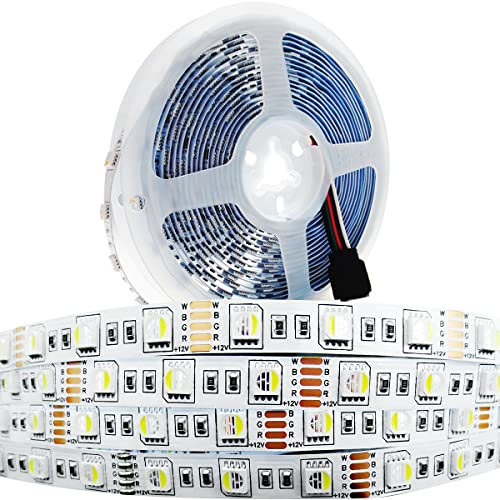 Tesfish 12V LED Streifen Licht, 4 in 1, RGBW RGB + Weiß 6000K 5M Mischfarben Strip Lichtband SMD 5050 IP20 300 LEDs Band Lichtleiste Leiste für Schlafzimmer, Küche Dekoration