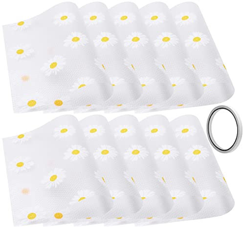 Jiakalamo 11pcs Refrigerator Liners Mats Washable, Fridge Pads Shelves Drawer Table Mats With Double-sided Tape, fridge liners for shelves, Easy to Clean(daisies pattern)