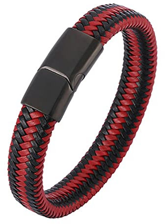 Ayoiow Bracciale A Catena Acciaio Uomo Pelle Bracciale Intrecciato Rosso Nero con Fibbia Nera Bracciale in Acciaio Inox per Uomo