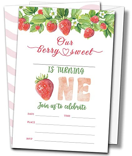 Buildinest Einladungskarten zum 1. Geburtstag, Erdbeer-Motiv, mit Umschlägen, 10,2 x 15,2 cm, Sweet Strawberry Party-Einladungen